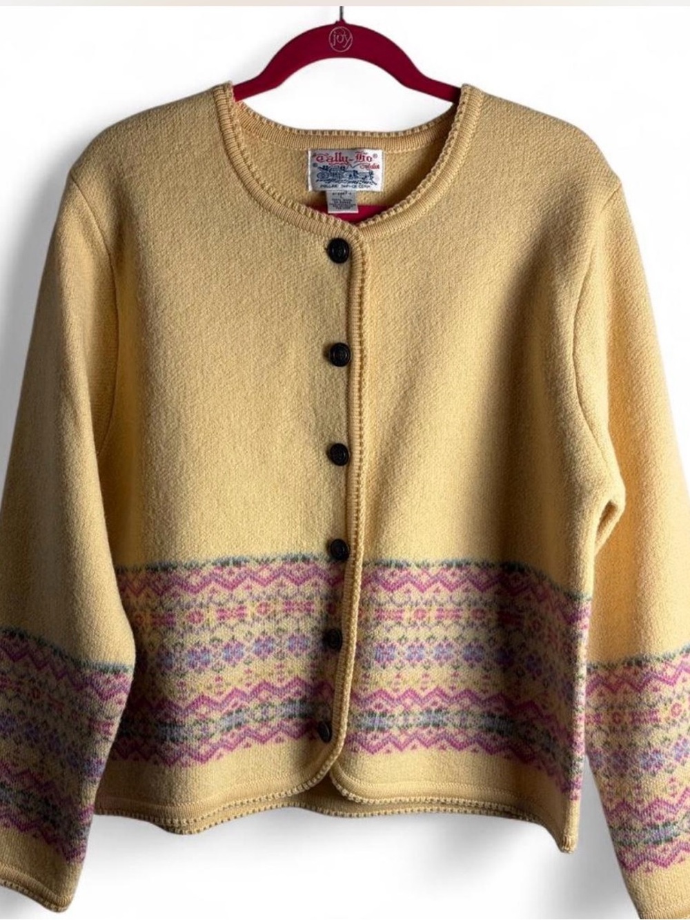 Vtg Tally Ho 100% Wool Fair Isle Cardigan Sweater L Cottagecore Grandma Yellow